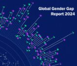 Portada  con título del Informe Global Gender Gap Report 2024 sobre fondo azul con estrellas