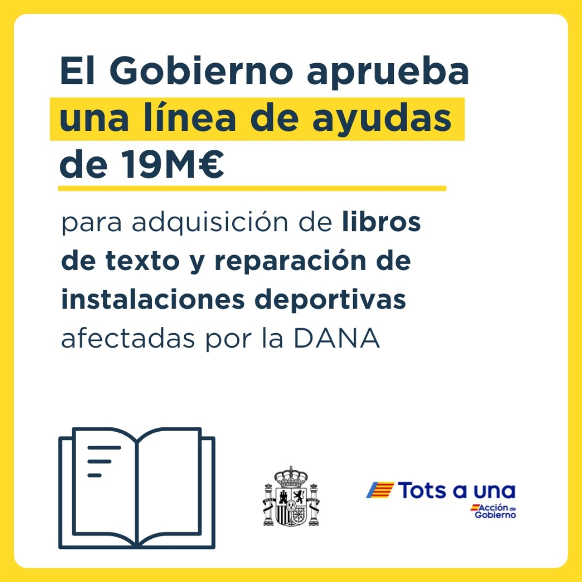El Gobierno aprueba ayudas por valor de 19 millones de euros para adquisición de libros de texto y reparación de instalaciones deportivas afectadas por la DANA