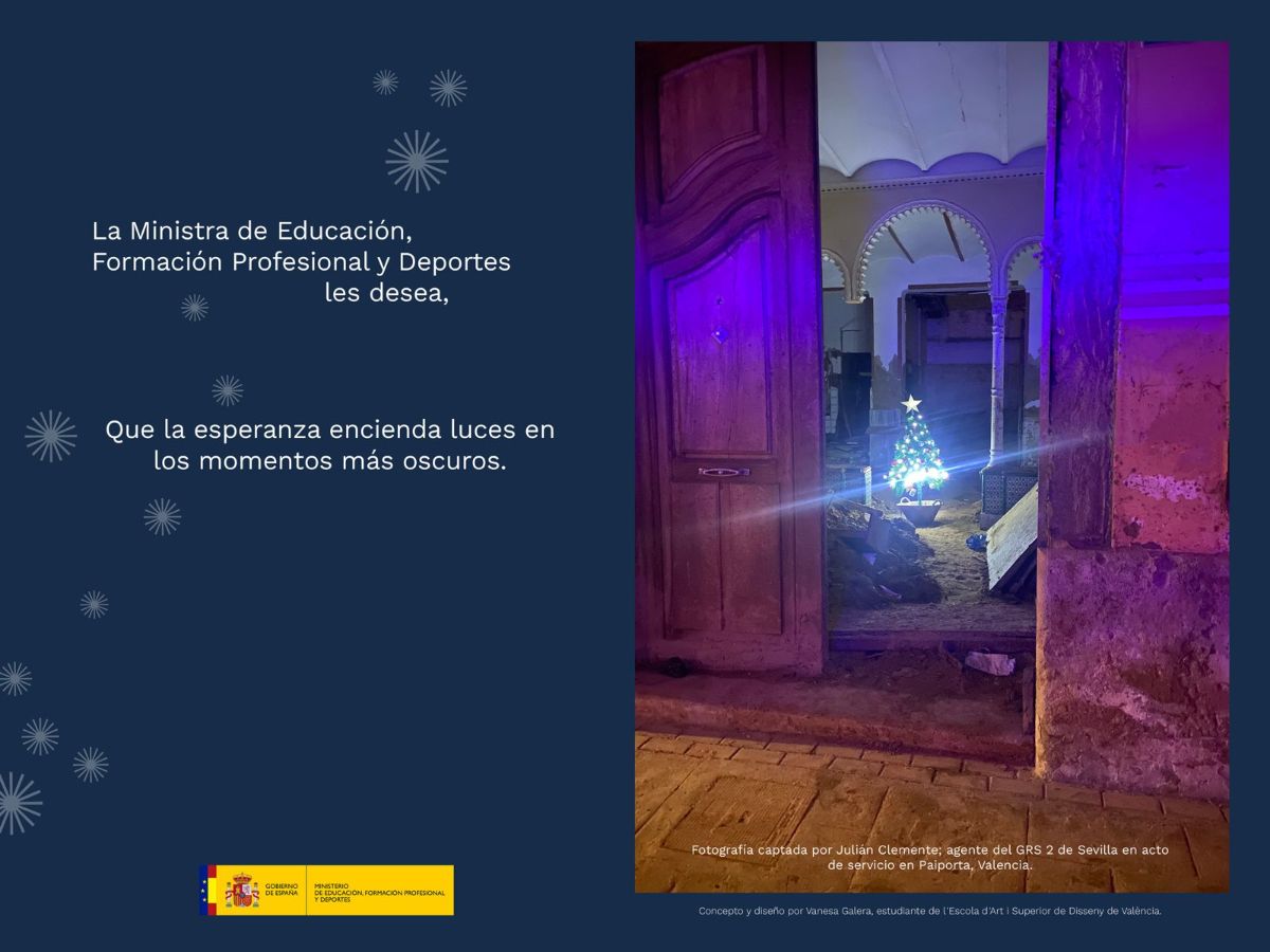 Een foto gemaakt door een Guardia Civil in Paiporta en het ontwerp van een student uit Valencia vormen de kerstgroet van het Ministerie van Onderwijs