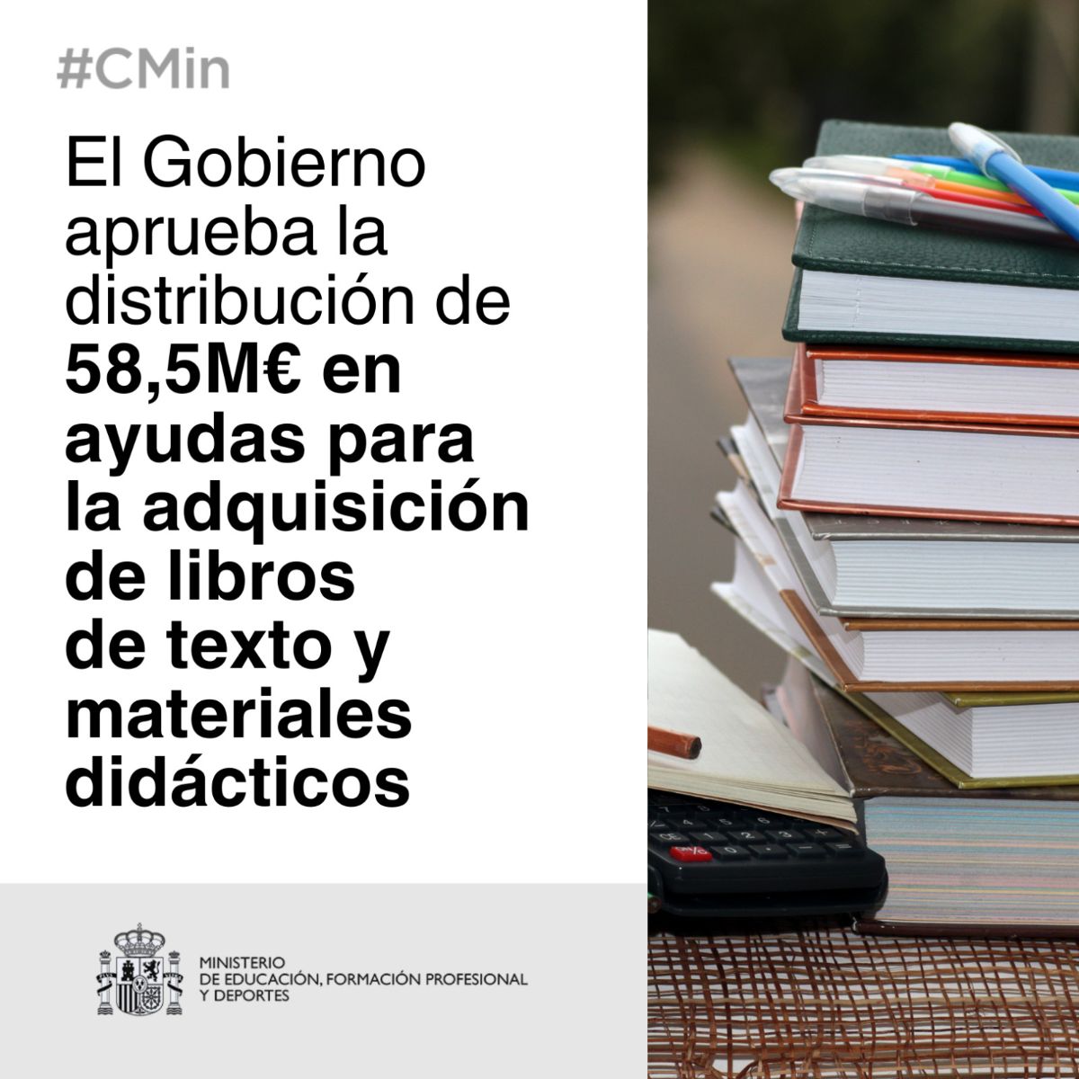 El Ministerio de Educación distribuirá a las comunidades 58,5 millones de euros para ayudas para la adquisición de libros de texto