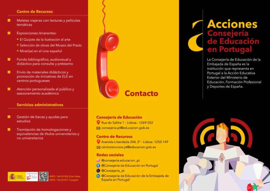 Información sobre Consejería de Educación española en Portugal. Columnas en rojo, amarillo y negro muestran funciones principales, programas educativo