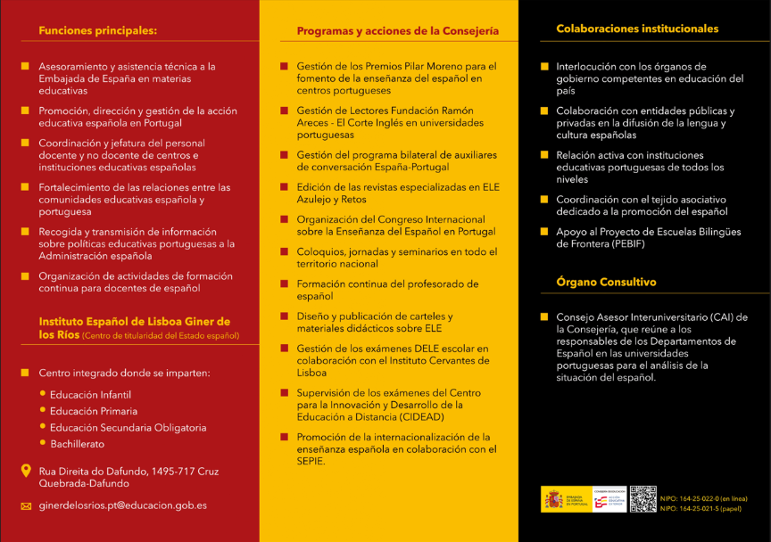 "Información sobre Consejería de Educación española en Portugal. Se muestran funciones principales, programas educativos y colaboración institucionene