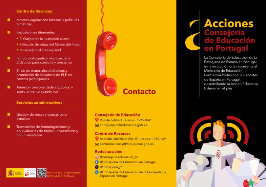 Información sobre Consejería de Educación española en Portugal. Columnas en rojo, amarillo y negro muestran funciones principales, programas educativo