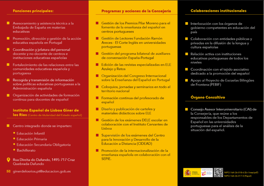 "Información sobre Consejería de Educación española en Portugal. Se muestran funciones principales, programas educativos y colaboración institucionene