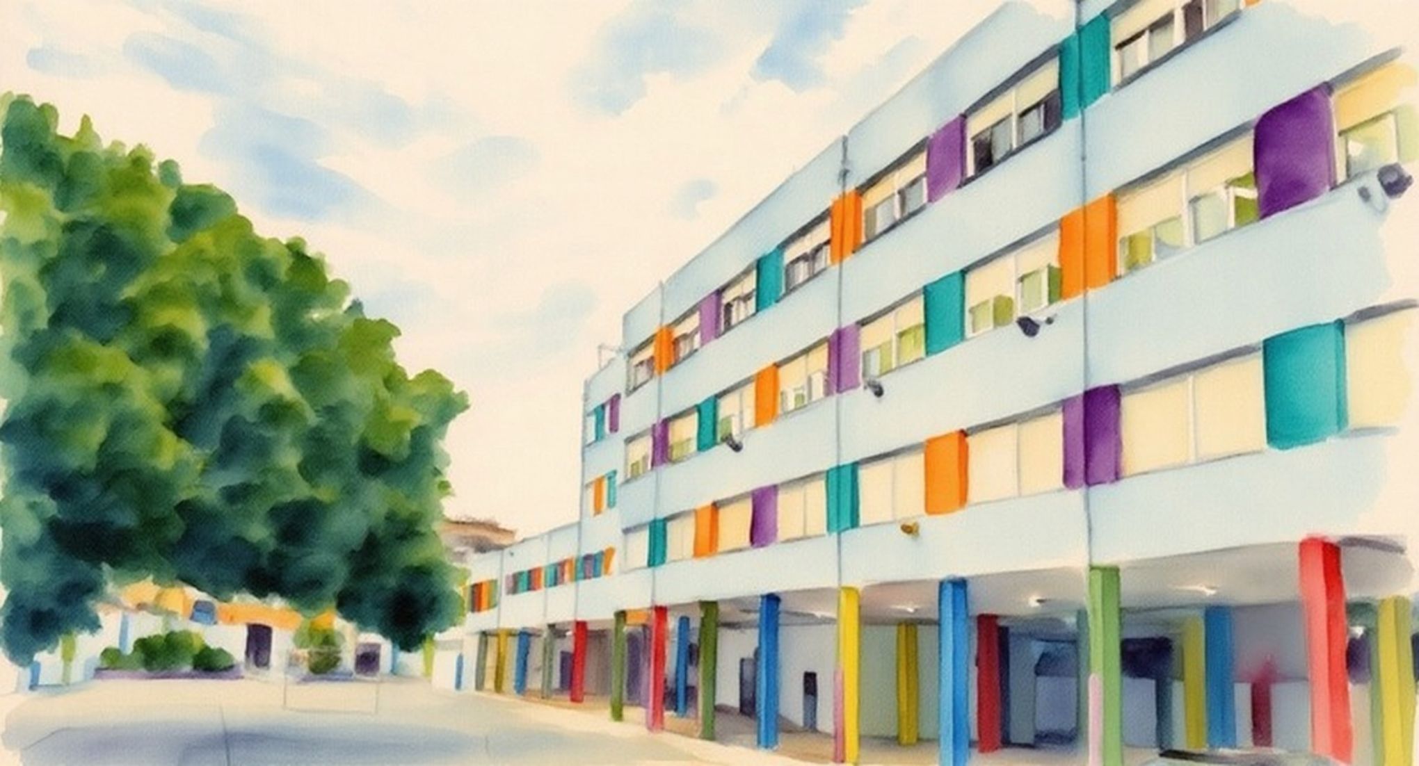 Centro educativo representado en acuarela