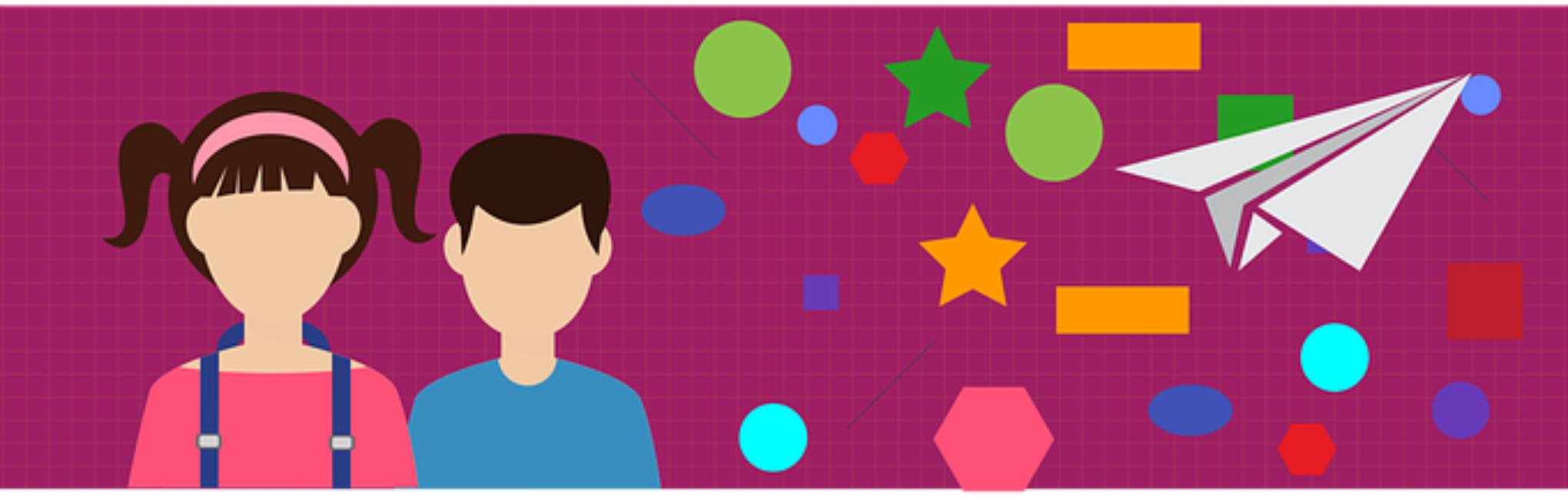 dibujo de una chica y un chico sobre fondo morado con figuras geométricas