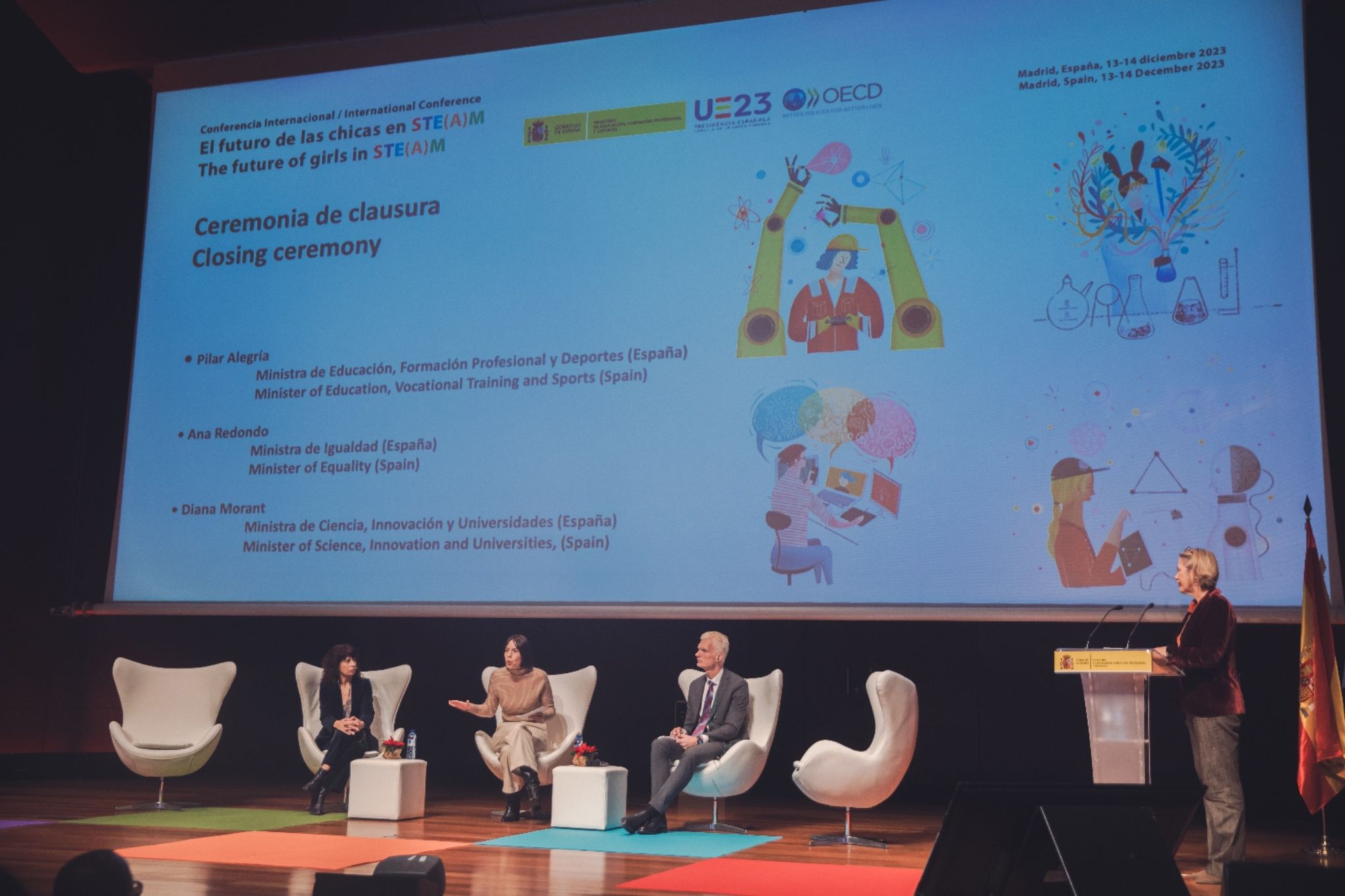 Las ministras Ana Redondo y Diana Morant y el director de Educacion de la OCDE Andreas Schleicher