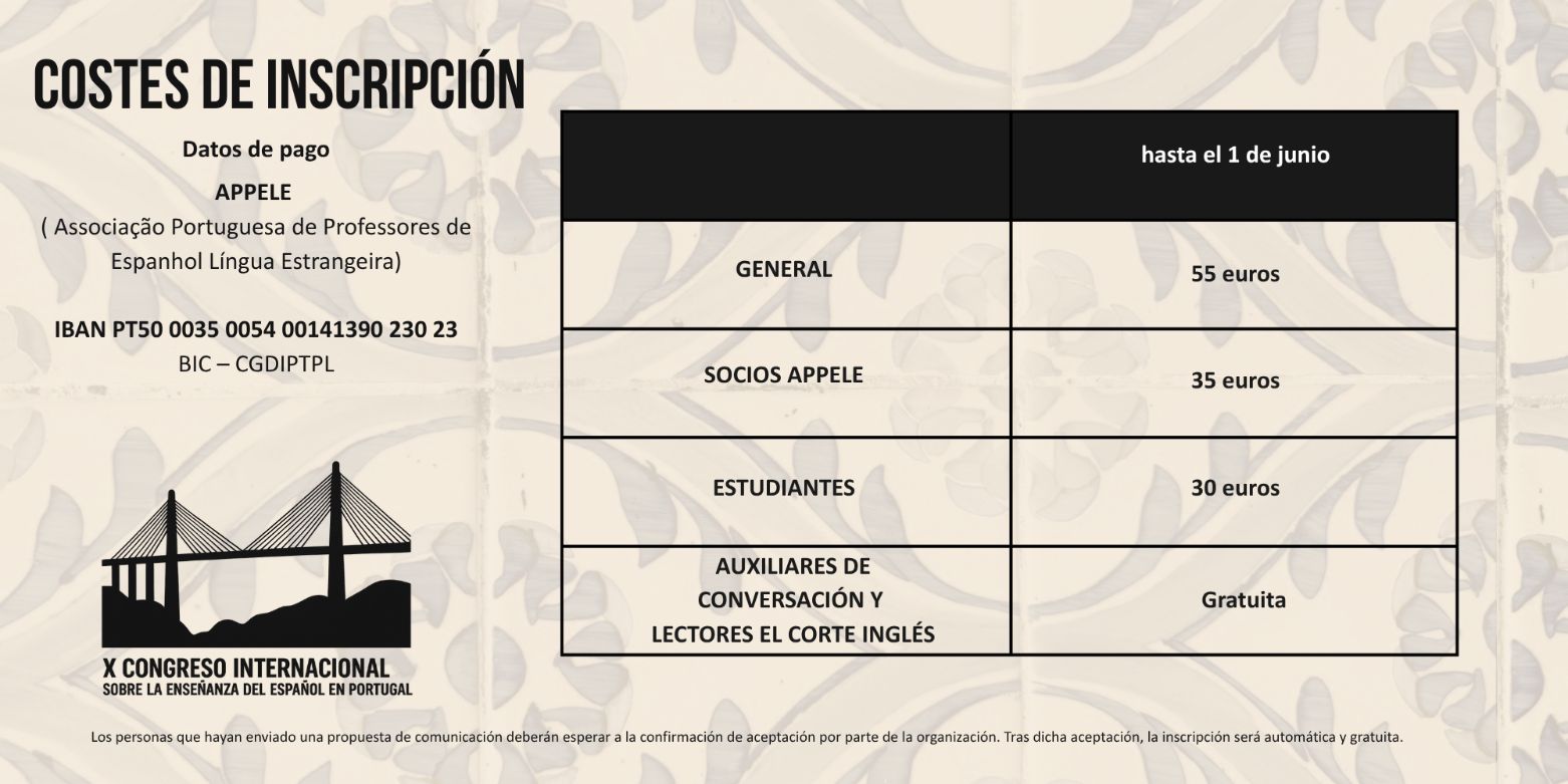 Tabla de costes de inscripción al X Congreso Internacional sobre la Enseñanza del Español en Portugal. Tarifas general, socios, estudiantes y auxiliar