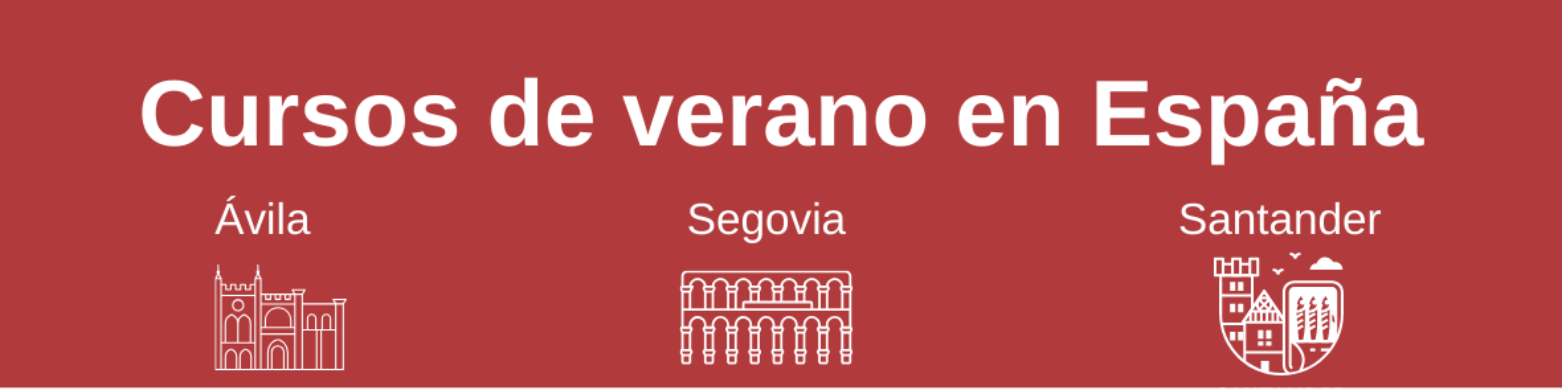 banner informativo que indica cursos de verano en España y abajo presenta las ciudades de Ávila, Segovia y Santander con nombre e icono