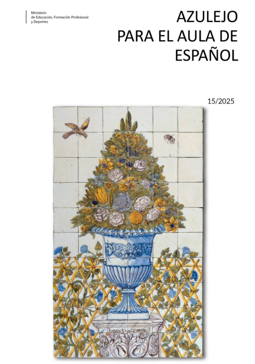 portada de la revista Azulejo númeno 15 que muestra un jarrón florido con un pájaro y una abeja
