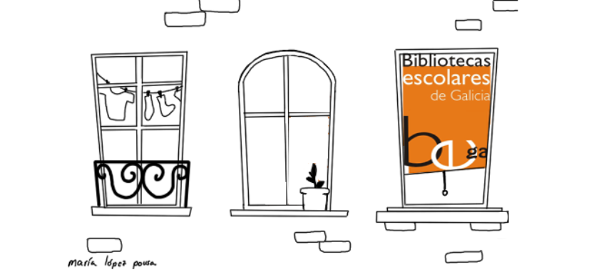 Cartel bibliotecas escolares: fachada con tres ventanas.