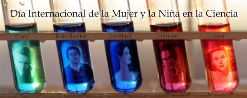 Fotografía de tubos de ensayo con caras de científicas en cada uno.