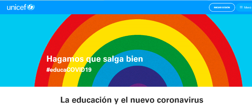 captura de la web. Arcoiris sobre fondo azul con texto: hagamos que salga bien. #educacovid19. La educación y el nuevo coronavirus