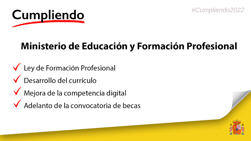 El Ministerio de Educación y FP avanza en el cumplimiento de sus compromisos de legislatura