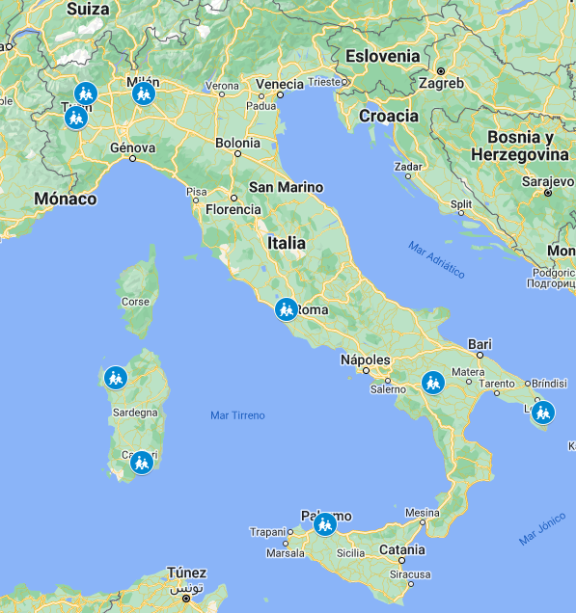 Mapa de las secciones internacionales de Italia