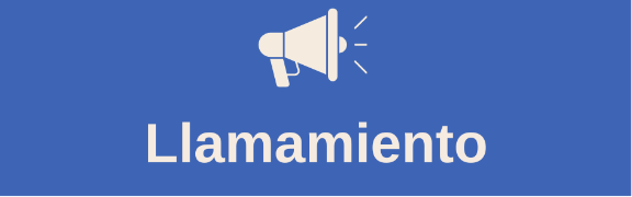 Ícono de megáfono o altavoz en color crema/beige claro. Debajo del ícono aparece el texto "Llamamiento para contribuciones" en color blanco sobre fond