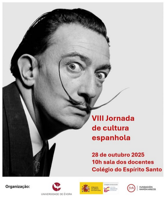 dali con bigotes largos mirando sorprendido. VII Jornada de cultura española. 28 de outubro. 10h sala dos docentes. Colégio do Espírito Santo