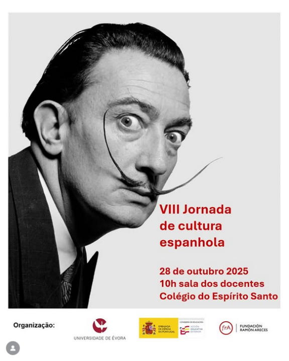 dali con bigotes largos mirando sorprendido. VII Jornada de cultura española. 28 de outubro. 10h sala dos docentes. Colégio do Espírito Santo