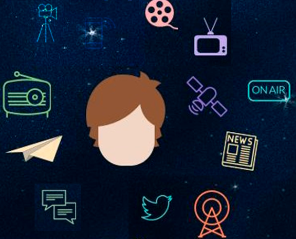 ilustración que muestra la cabeza de un joven rodeada de múltiple formas de alfabetización mediática