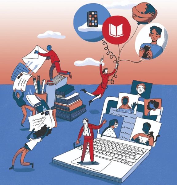 cartel día de los docentes 2020: ilustración de docentes haciendo muchas cosas: escribiendo correos electrónicos, haciendo videoconferencias...