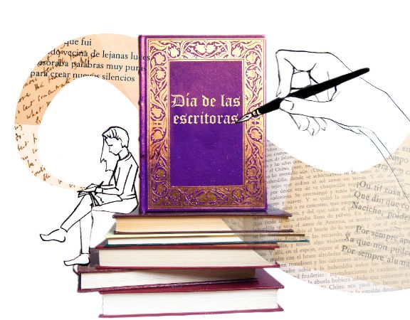 ilustración que muestra la cabeza la silueta de una escritora encima de un libro gigante