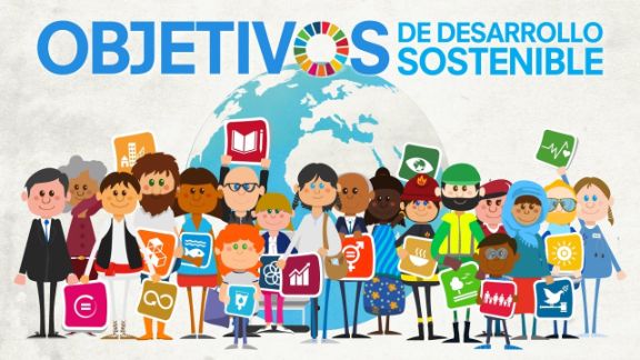 dibujo de personas, en el fondo mapa del mundo, cada persona sostiene un ODS. Título : Objetivos de desarrollo sostenible