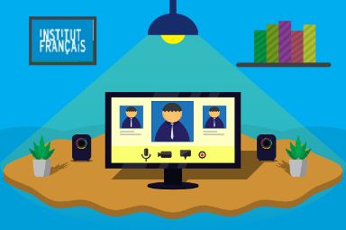 Videoconferencia y logo del instituto francés