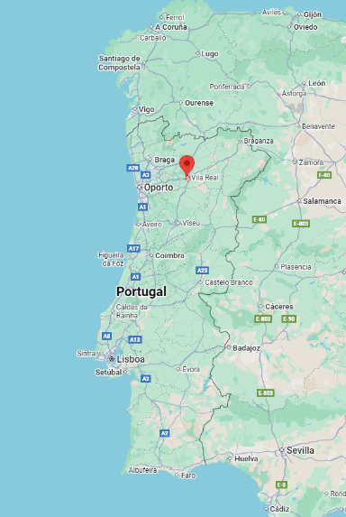 mapade Portugal con la localización de Vila Real al noroeste cerca de Oporto y al norte de Lisboa.