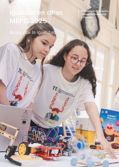 Portada de Igualdad en Cifras MEFD 2024  con ilustraciones de niños con mochilas a la puerta de un colegio