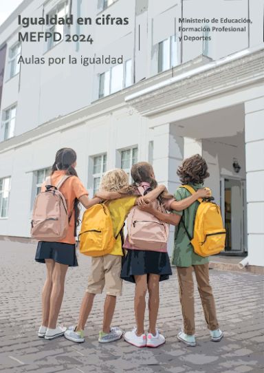 Portada de Igualdad en Cifras MEFD 2024  con ilustraciones de niños con mochilas a la puerta de un colegio