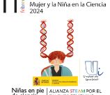 cartel 11 de febrero. Ilustración niñas con coletas de ADN 