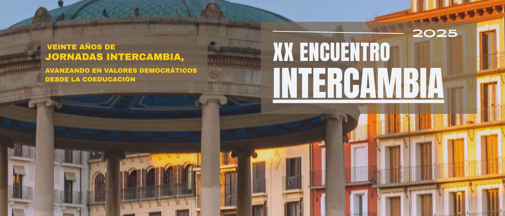 Cartel XX Encuentro Intercambia con edificios de Pamplona.