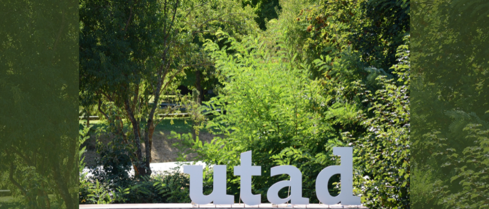 Letras blancas de gran tamaño con el nombre "UTAD" sobre un muro, rodeadas de exuberante vegetación verde en día soleado.