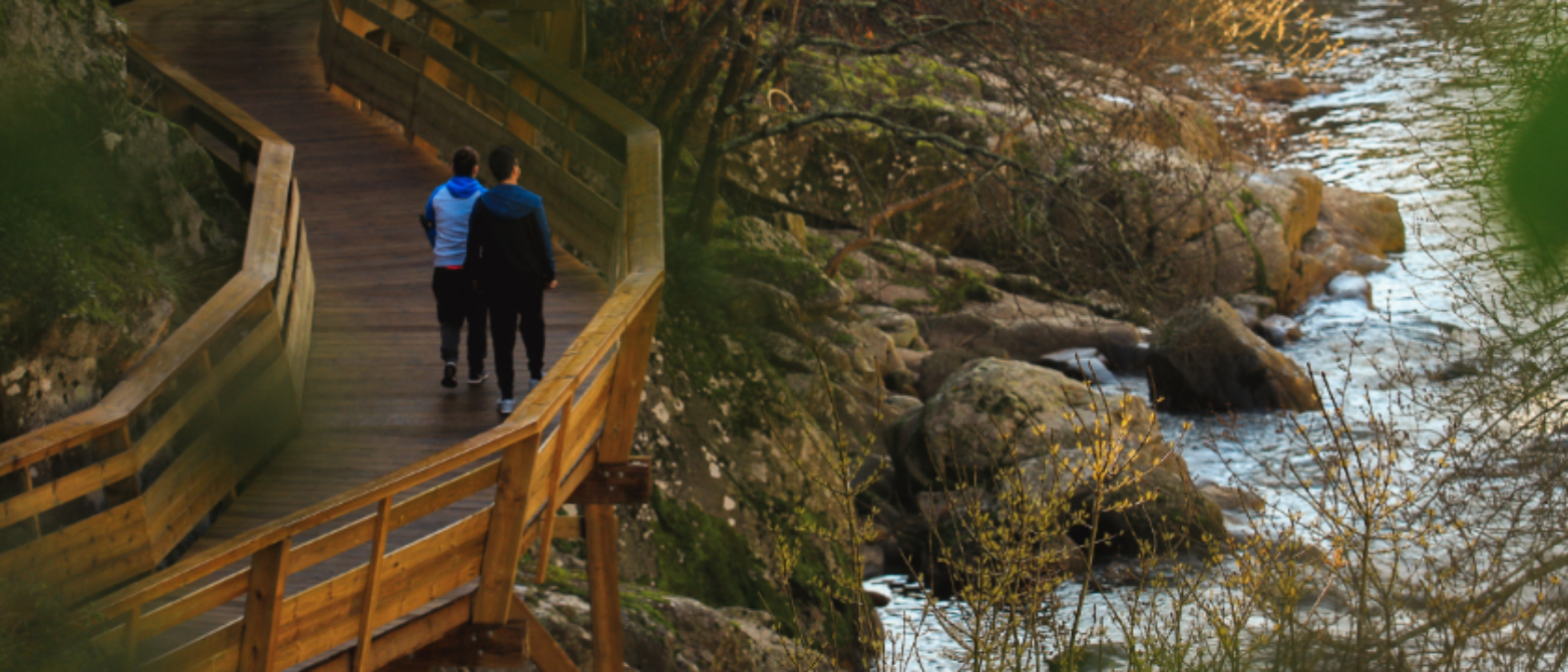 fotografía de dos personas paseando sobre un puente de madera mientras miran el paisaje lleno de árboles y rocas que dan a parar a un río