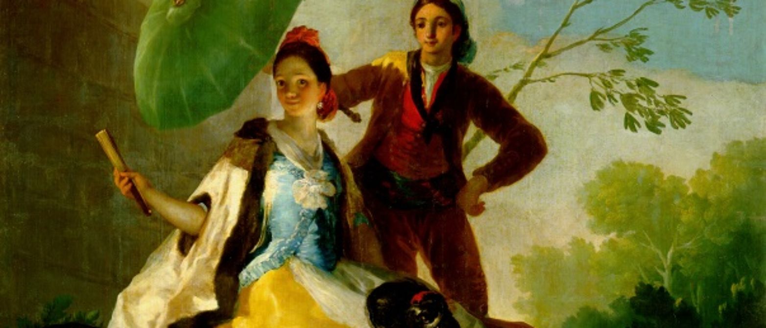 Imagen de un cuadro del prado con un chico sosteniendo la sombrilla a una mujer sentada de lado. Exposiciones itinerantes en escuelas portuguesas