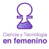 Dibujo en color morado de  una silueta y el nombre de Ciencia y Tecnología en femenino del mismo color morado