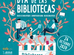 cartel del día de las bibliotecas: ilustración de una biblioteca con ventanas y puerta abiertas y ramas creciendo de dentro en la que se sienta gente a leer.