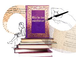 ilustración que muestra la cabeza la silueta de una escritora encima de un libro gigante